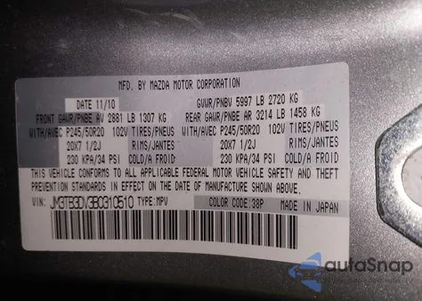 2011 Mazda Cx-9 from USA, damaged, VIN JM3TB3DV3B0310510
